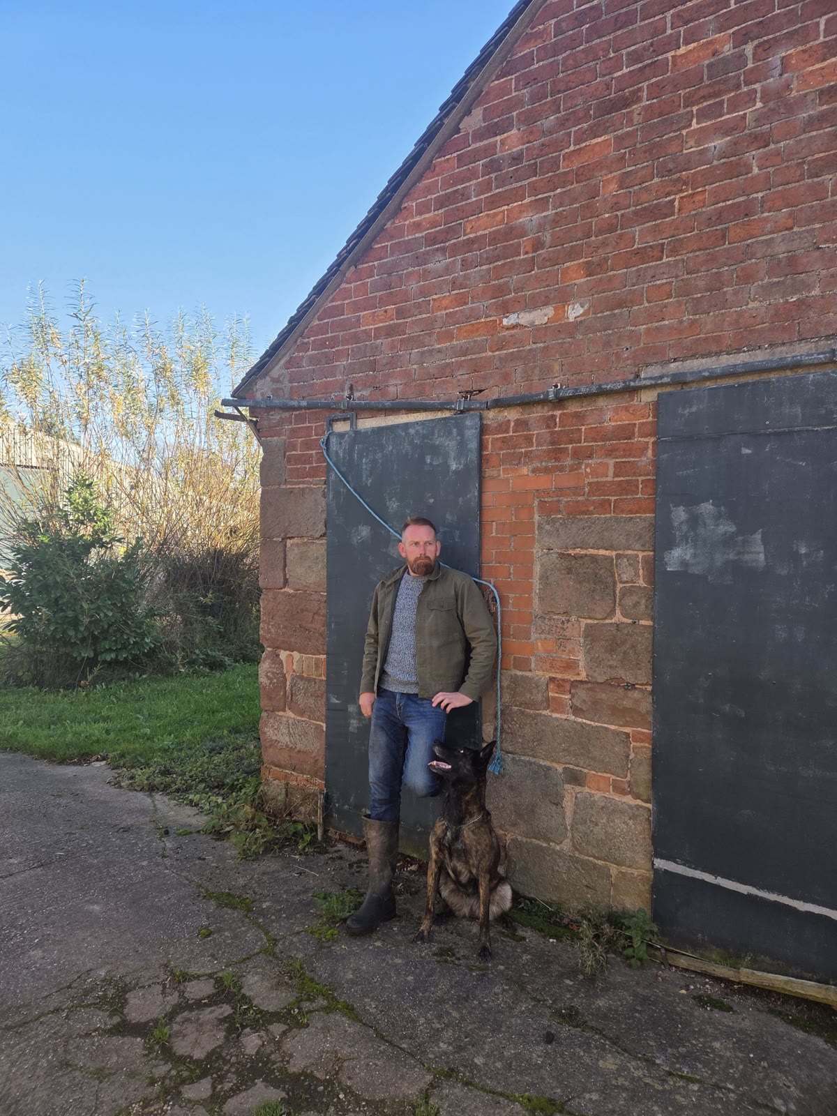 Matt Wiggins at the Faithwolf farm in Shropshire, a Dutch Shepherd sitting at his side looking up at him